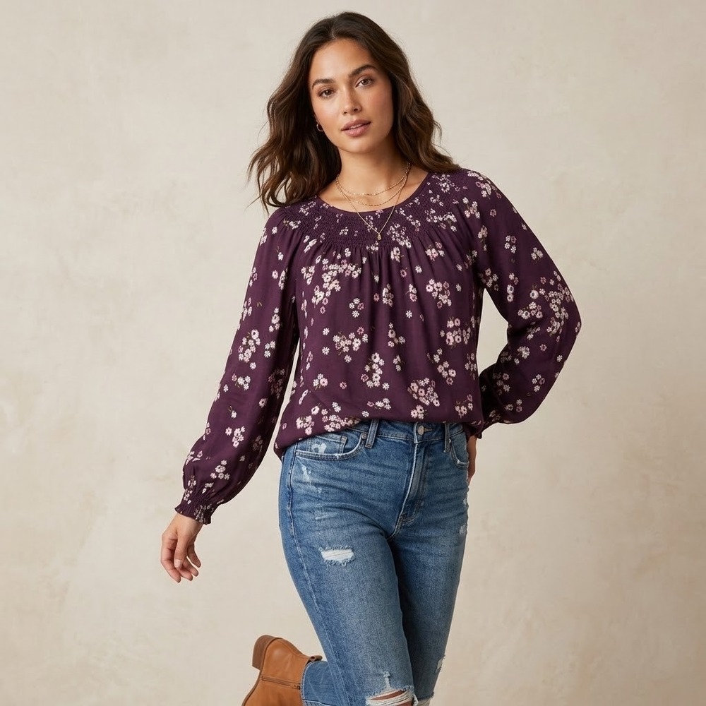 Sonoma Floral Smocked Yoke Blouse Large Plum Purple Peasant Top Cottagecore Boho